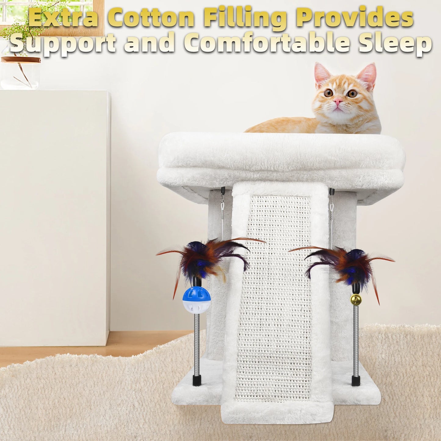 Cozy Beige Cat Tree with Condo, Scratch Post, Hammock & Fun Hanging Balls for Your Feline Friends