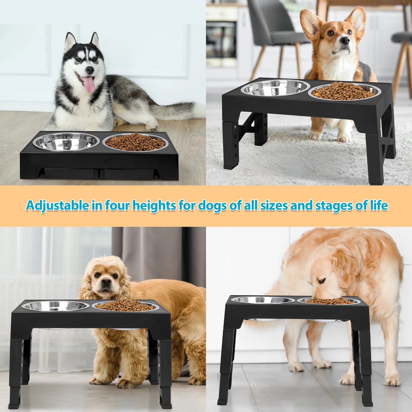 Elevated Dog Bowls Stand with 2 Stainless Steel Dishes, Raised Dog Bowl Adjusts to 5 Heights (3.15", 8.9", 10",11.2", 12.4") for Medium and Large Dogs(Black)