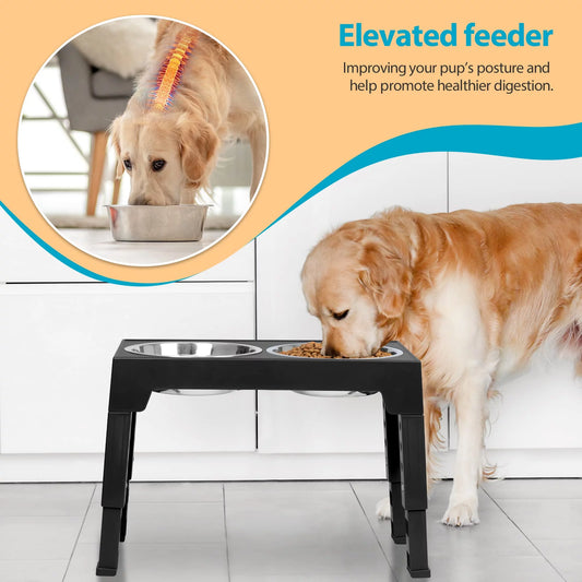 Elevated Dog Bowls Stand with 2 Stainless Steel Dishes, Raised Dog Bowl Adjusts to 5 Heights (3.15", 8.9", 10",11.2", 12.4") for Medium and Large Dogs(Black)