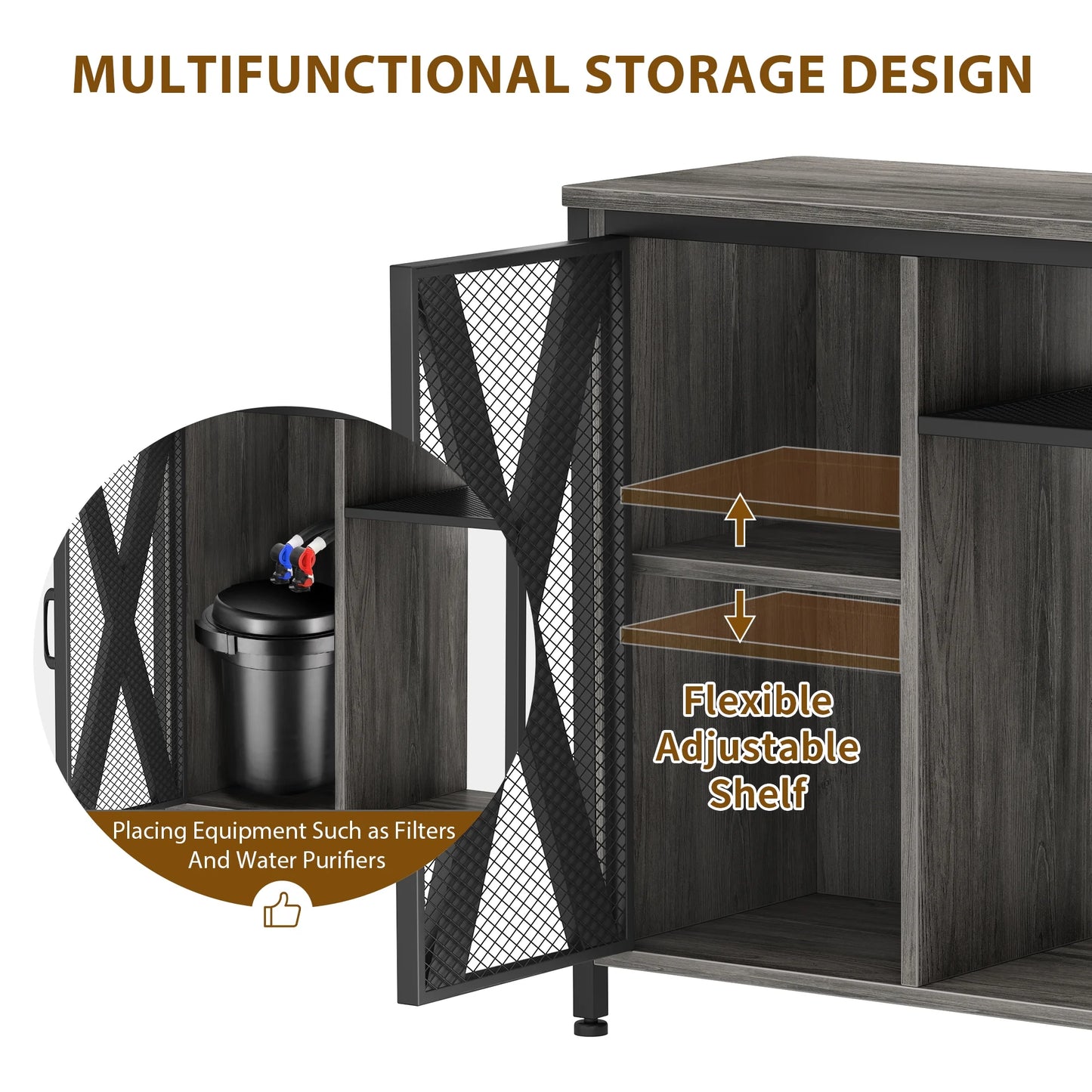 Fish Tank Stand Metal Aquarium Stand with Power Outlets & LED Light and Cabinet, for 40-50 Gallon Aquarium Bearable 880LBS Capacity, Gray & Black