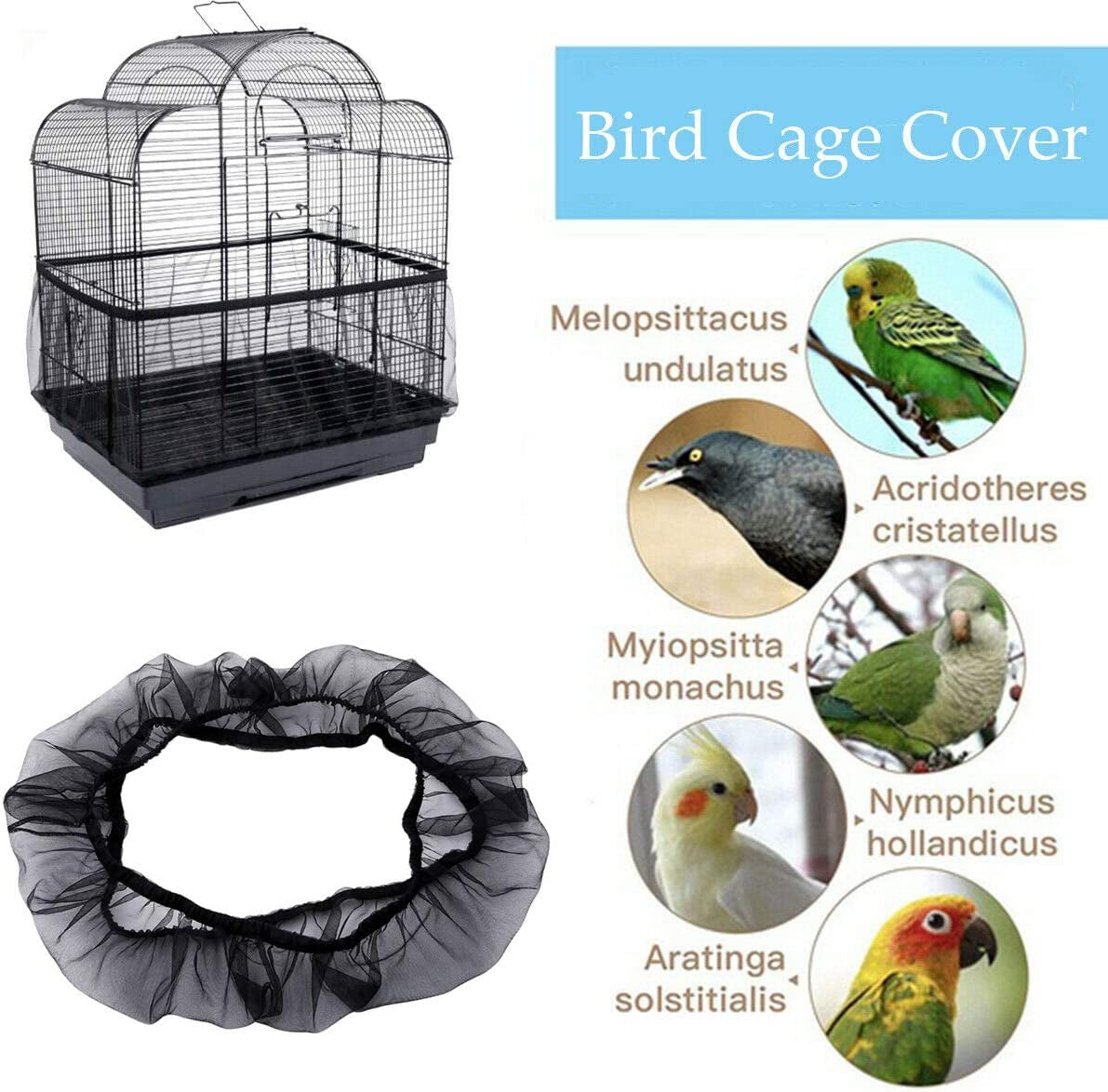 Universal Bird Cage Seed Catcher,Seed Catcher Guard Net Cover,Parrot Nylon Mesh Net Cover,Soft Airy Cage Net Stretchy Skirt for round Square Cage Father'Day Gift(Circumference 50 Inch to 90 Inch,Black