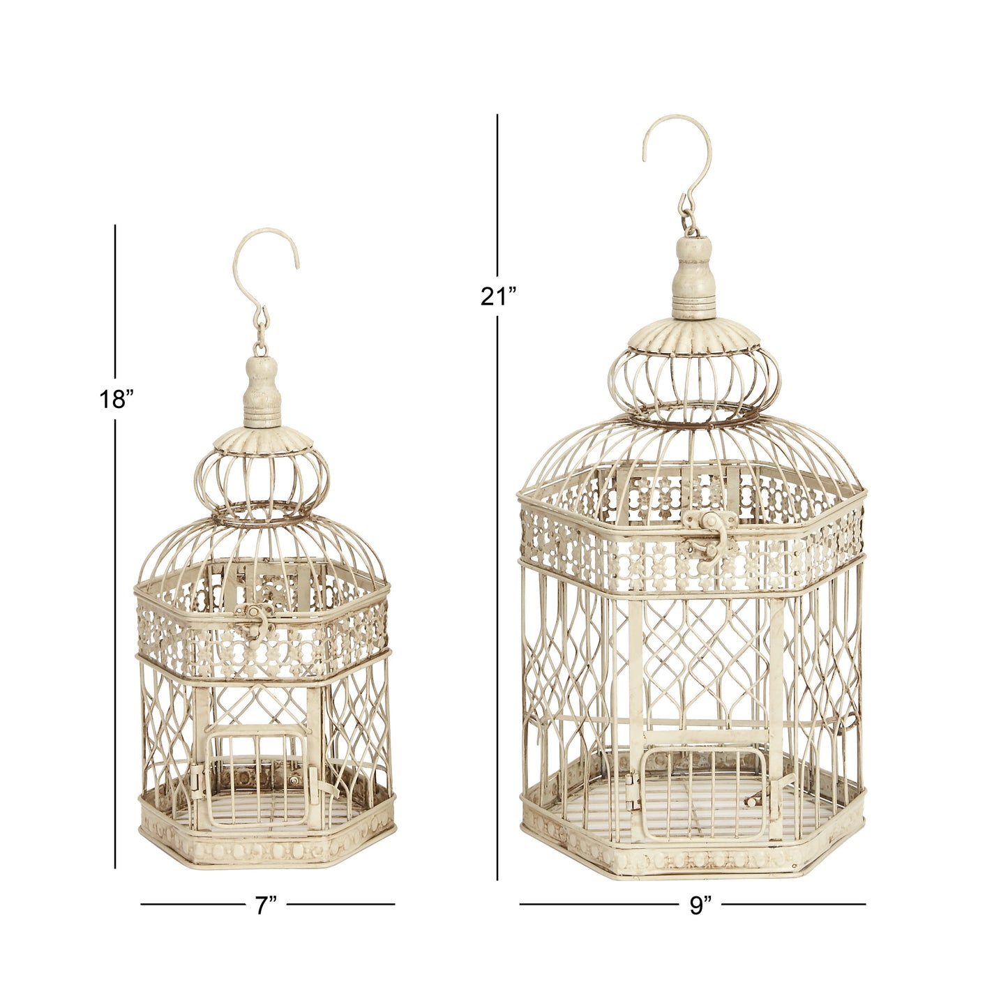 Cream Vintage Metal Birdcage with Crisscross Vertical Bars and Floral Embossed Design, Set of 2 21", 18"H