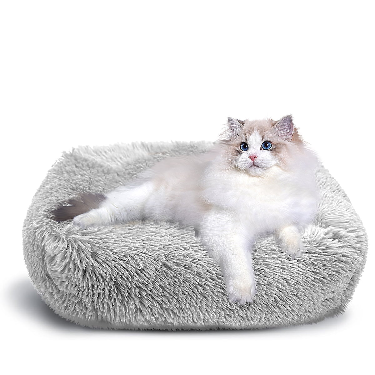 Cat Bed for Indoor Cats, Small Dog Beds for Small Dogs,Soft Long Plush Cushion Washable Puppy Bed,Self-Warming Square Cat Bed Anti-Slip Bottom Cushion (26 X 22 X 8 Inch, Gray)