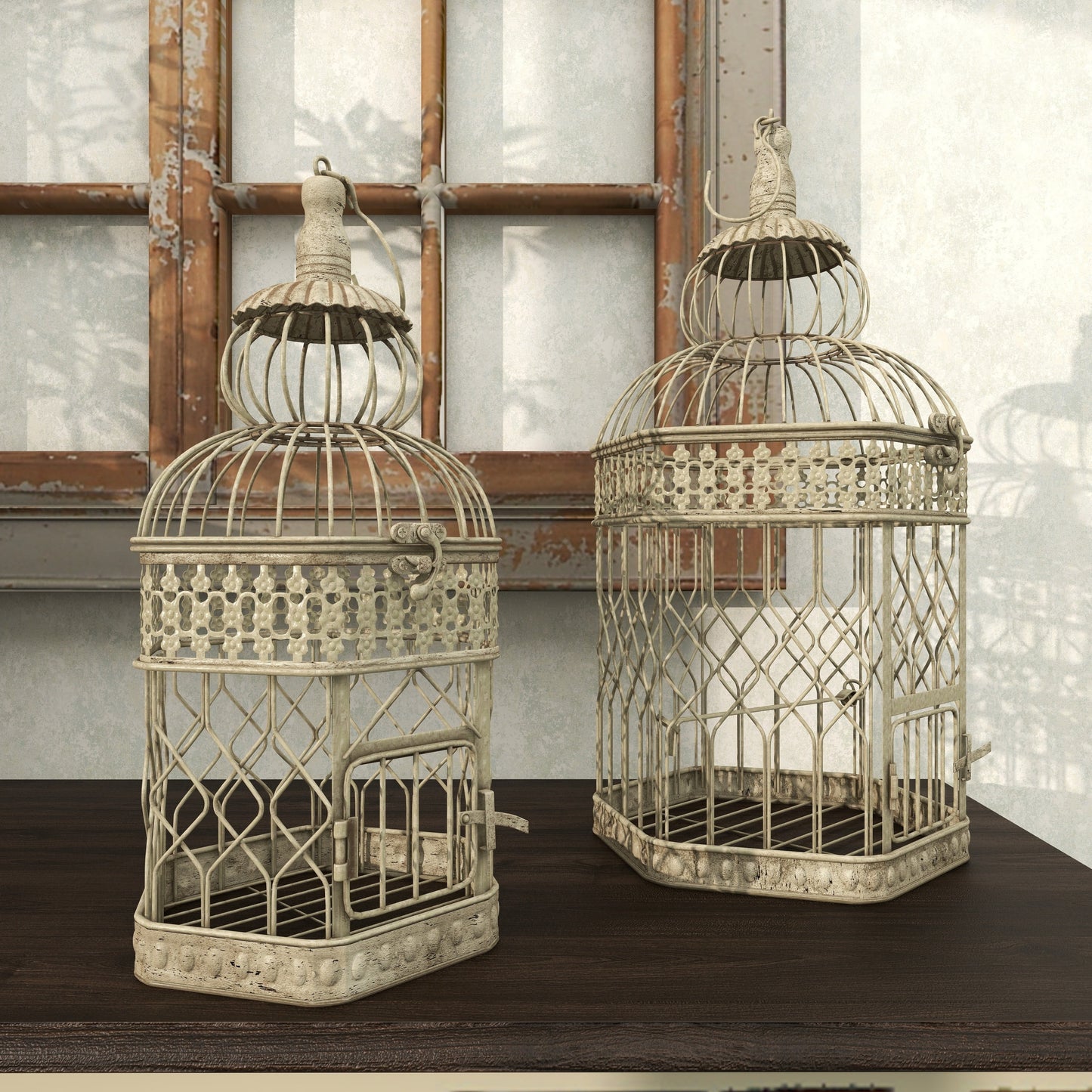 Cream Vintage Metal Birdcage with Crisscross Vertical Bars and Floral Embossed Design, Set of 2 21", 18"H