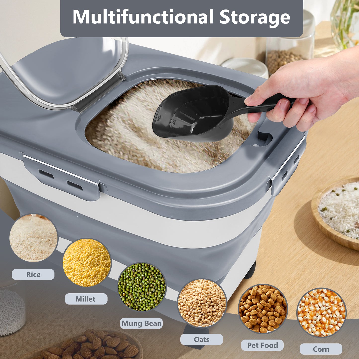 20 Lb Dog Food Storage Containers with Wheels and Lids, Collapsible Pet Cat Food Storage Bin, 30 Lb Airtight Rice Cereal Storage Bucket with Measuring Cup and Scoop (Gray)