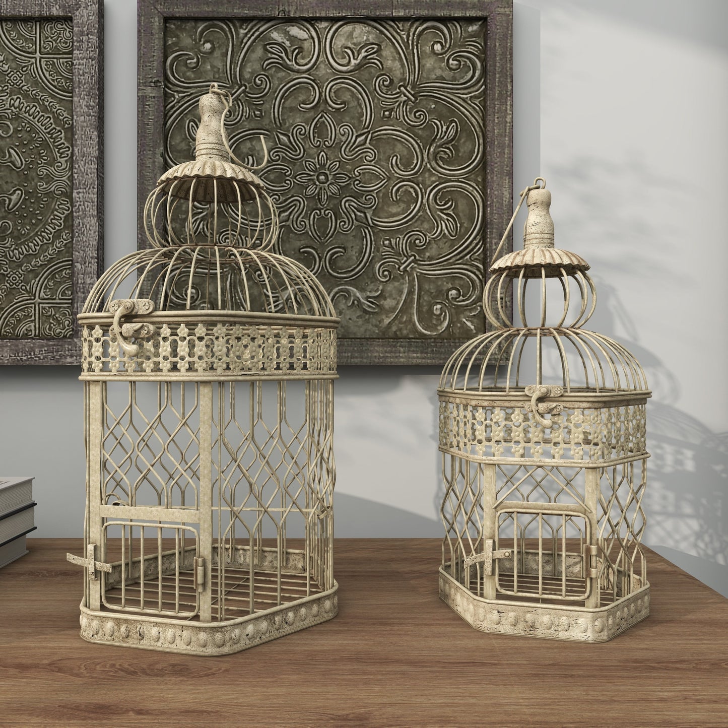 Cream Vintage Metal Birdcage with Crisscross Vertical Bars and Floral Embossed Design, Set of 2 21", 18"H