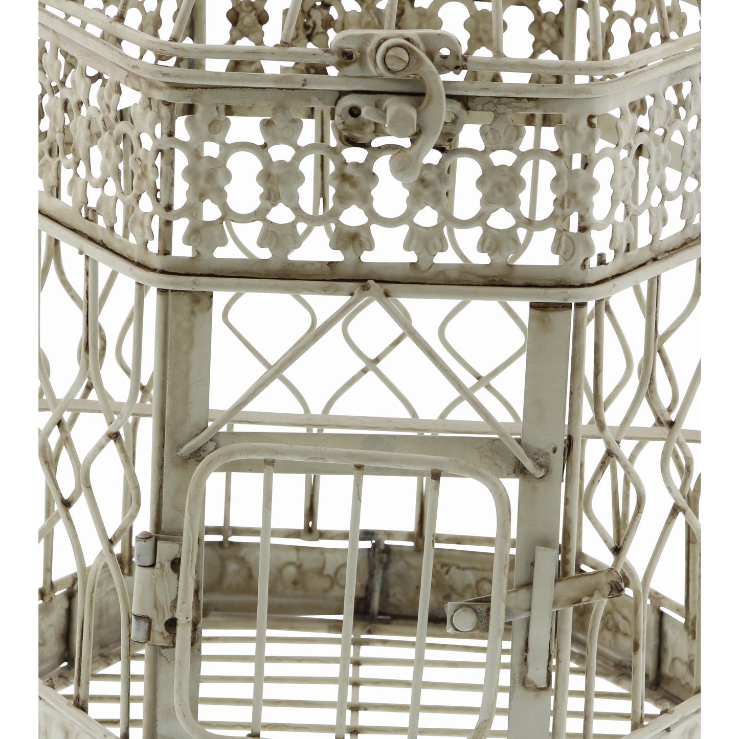 Cream Vintage Metal Birdcage with Crisscross Vertical Bars and Floral Embossed Design, Set of 2 21", 18"H