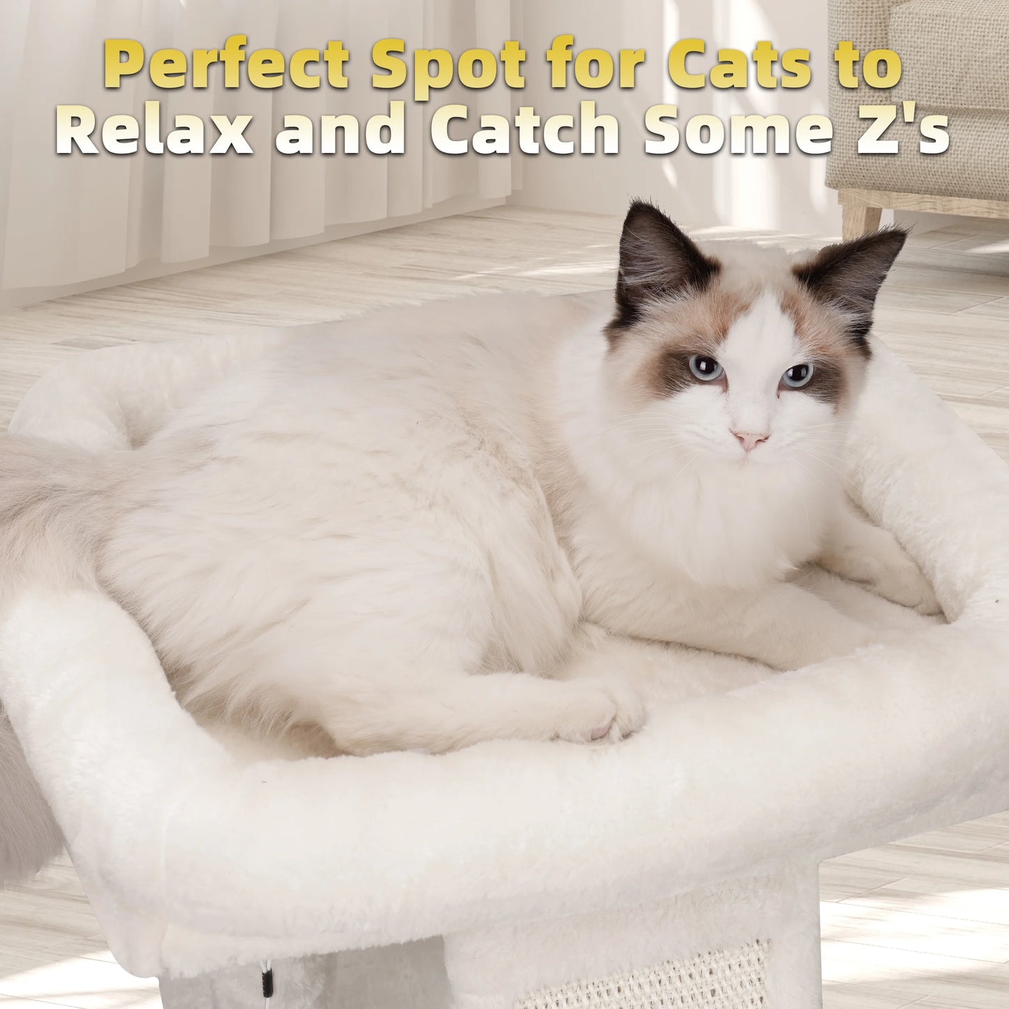 Cozy Beige Cat Tree with Condo, Scratch Post, Hammock & Fun Hanging Balls for Your Feline Friends