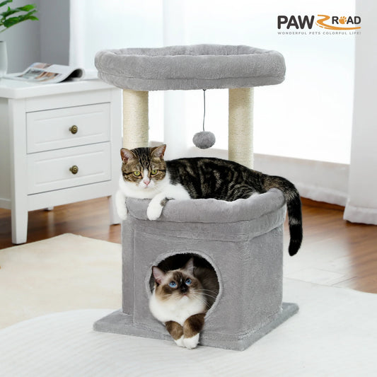 Cozy Gray Cat Tree Condo - 27" Multi-Level Tower with Spacious Perch and Scratching Posts for Kittens and Medium Cats