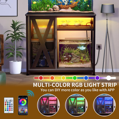 Fish Tank Stand Metal Aquarium Stand with Power Outlets & LED Light and Cabinet, for 40-50 Gallon Aquarium Bearable 880LBS Capacity, Gray & Black