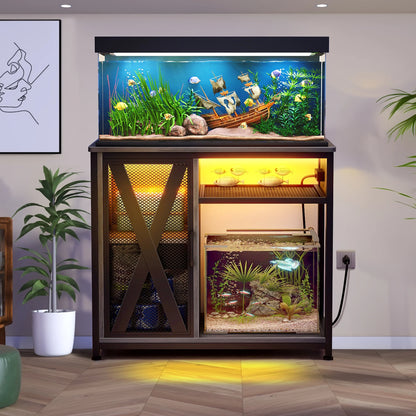 Fish Tank Stand Metal Aquarium Stand with Power Outlets & LED Light and Cabinet, for 40-50 Gallon Aquarium Bearable 880LBS Capacity, Gray & Black