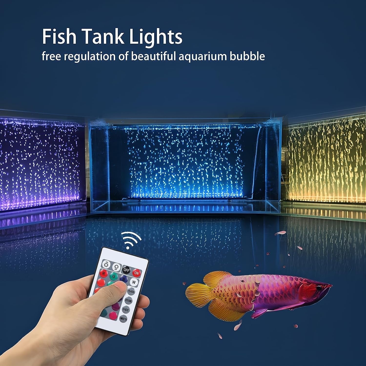 Submersible Aquarium Light, Fish Tank Light with Air Bubble Hole, RGB Color Changing Brightness Adjustable IP68 Waterproof Remote Control LED Light for Aquarium Fish Tank 20 Inch