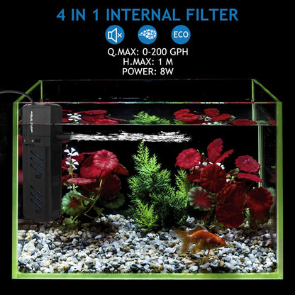 Submersible Aquarium Internal Filter 8W, Adjustable Fish Tank Filter with 200 GPH Water Pump for 10-50 Gallon Fish Tank