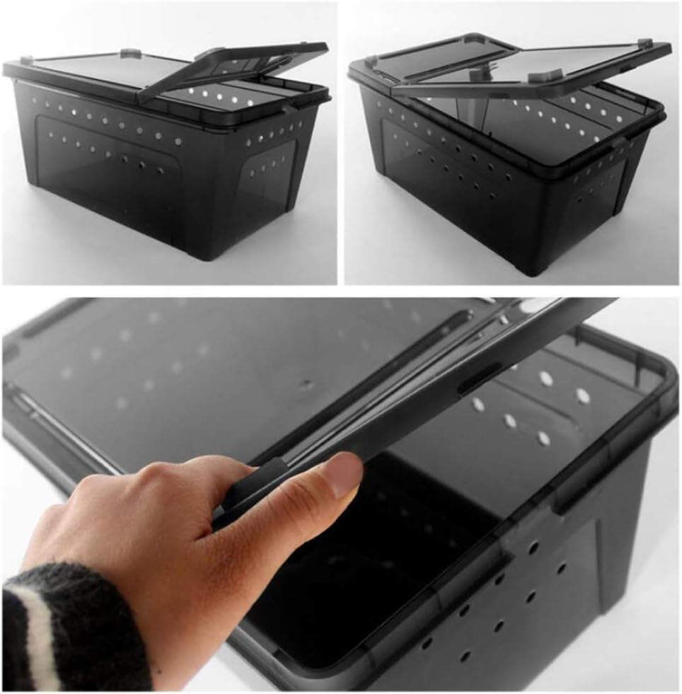 Portable Reptile Terrarium Habitat for Mini Pet Houses Breathable Holes Stackable Container (Black-M)