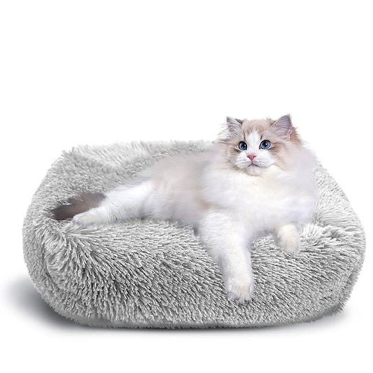 Cat Bed for Indoor Cats, Small Dog Beds for Small Dogs,Soft Long Plush Cushion Washable Puppy Bed,Self-Warming Square Cat Bed Anti-Slip Bottom Cushion (26 X 22 X 8 Inch, Gray)