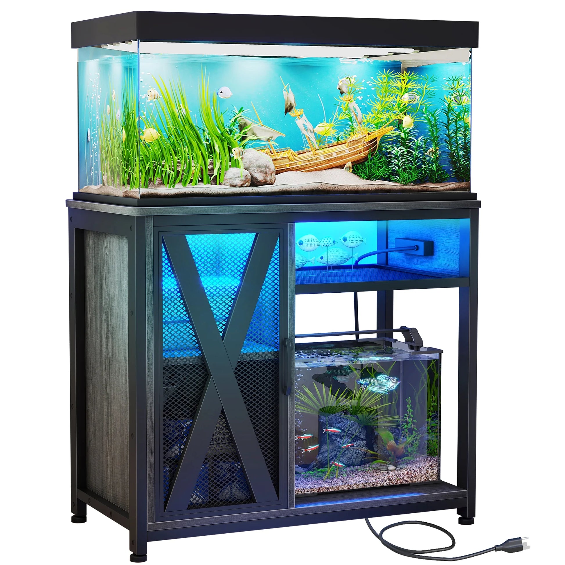 Fish Tank Stand Metal Aquarium Stand with Power Outlets & LED Light and Cabinet, for 40-50 Gallon Aquarium Bearable 880LBS Capacity, Gray & Black