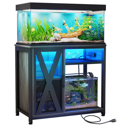 Fish Tank Stand Metal Aquarium Stand with Power Outlets & LED Light and Cabinet, for 40-50 Gallon Aquarium Bearable 880LBS Capacity, Gray & Black