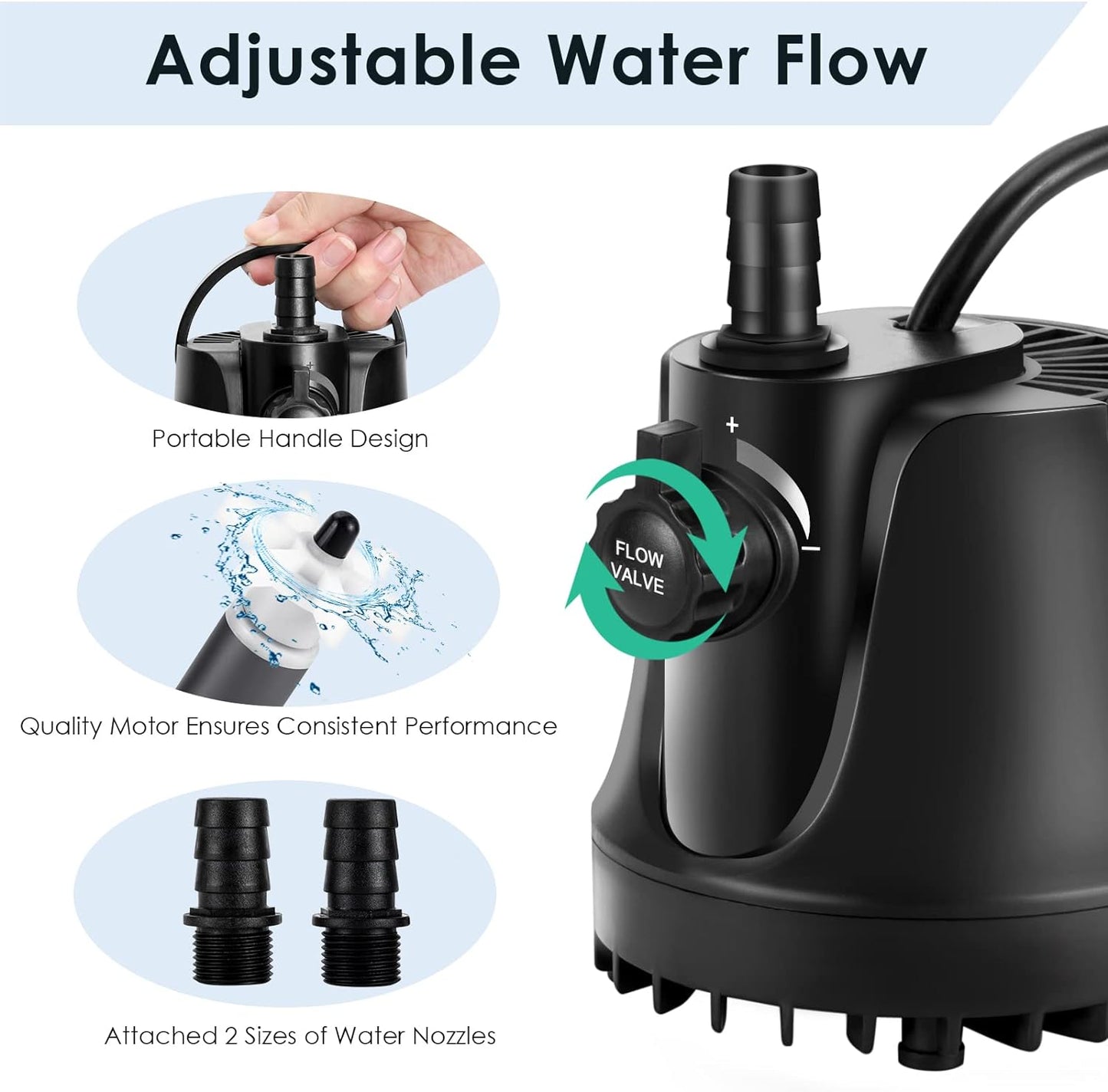 265-800 GPH Submersible Aquarium Water Pump with Adjustable Switch, Water Removal and Drainage Sump Cleaning Pump with 2 Nozzles for Pond, Fish Tanks, Hydroponics, Backyard (60W 800GPH)