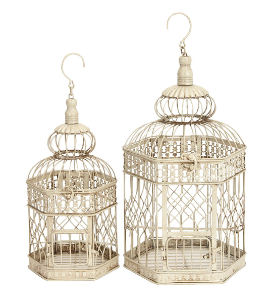 Cream Vintage Metal Birdcage with Crisscross Vertical Bars and Floral Embossed Design, Set of 2 21", 18"H