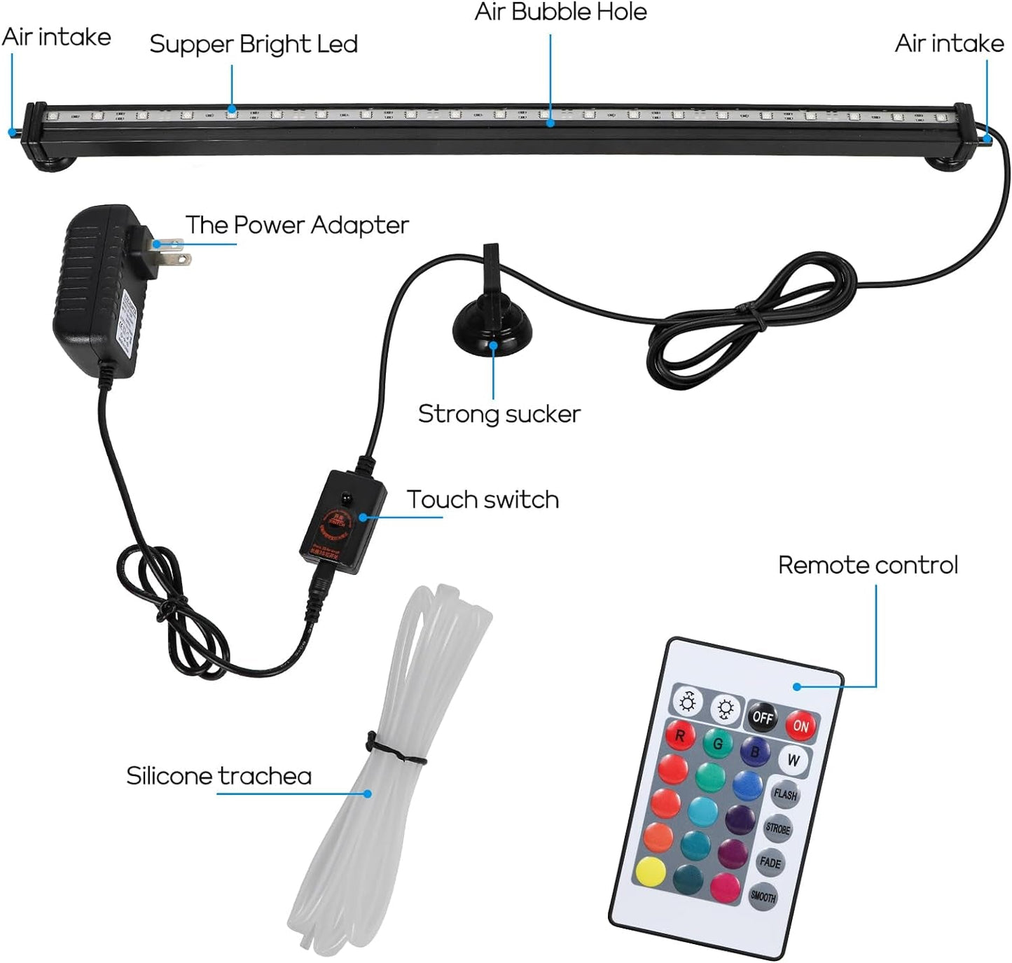Submersible Aquarium Light, Fish Tank Light with Air Bubble Hole, RGB Color Changing Brightness Adjustable IP68 Waterproof Remote Control LED Light for Aquarium Fish Tank 20 Inch