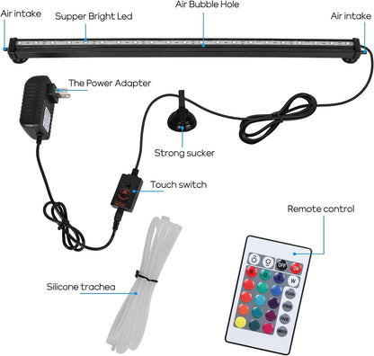 Submersible Aquarium Light, Fish Tank Light with Air Bubble Hole, RGB Color Changing Brightness Adjustable IP68 Waterproof Remote Control LED Light for Aquarium Fish Tank 20 Inch
