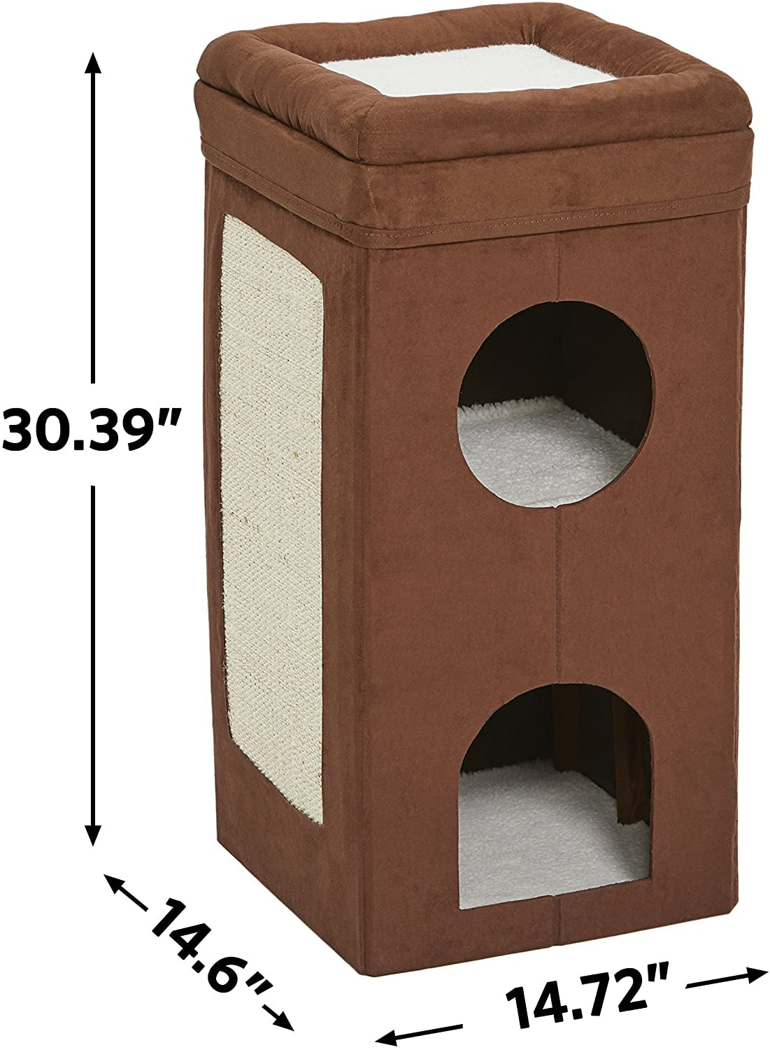 Cat Condo | Tri-Level Design in Brown Faux Suede & Synthetic Sheepskin | 14.6L X 14.72W X 30.39H Inches