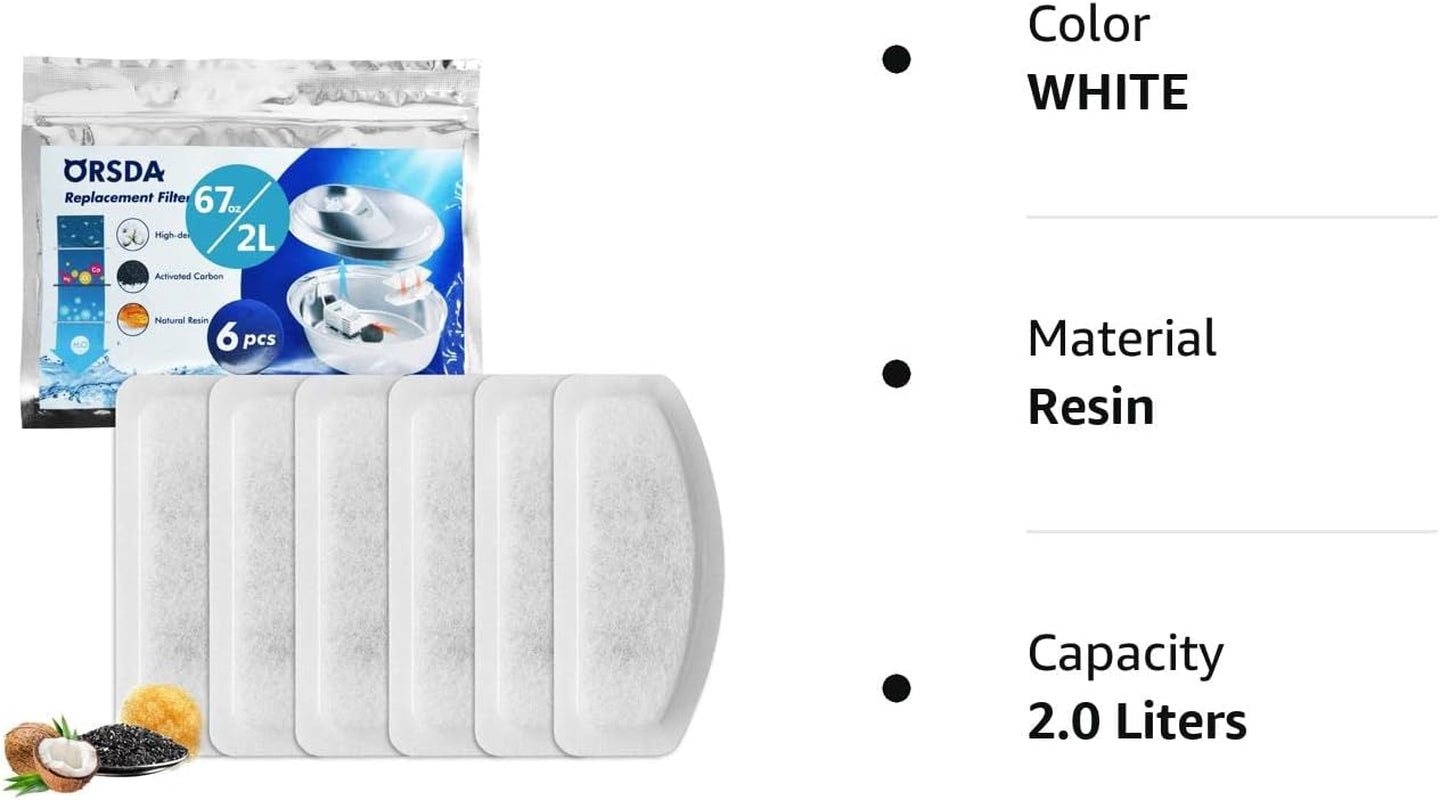 Cat Water Fountain Filters, Replacement Carbon, Resin Filters for D30 67Oz/2L Automatic Pet Fountain Cat Water Fountain Dog Water Dispenser, 4 Filtration System(6Pcs 67Oz/2L Filters)