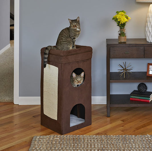 Cat Condo | Tri-Level Design in Brown Faux Suede & Synthetic Sheepskin | 14.6L X 14.72W X 30.39H Inches
