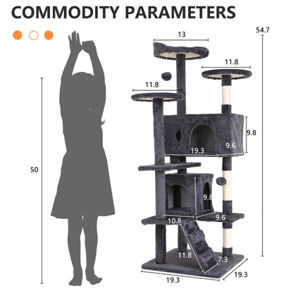 Ultimate 54-Inch Double Condo Cat Tree Tower with Scratching Post & Cozy Perch for Indoor Cats - Stylish Ashy Design