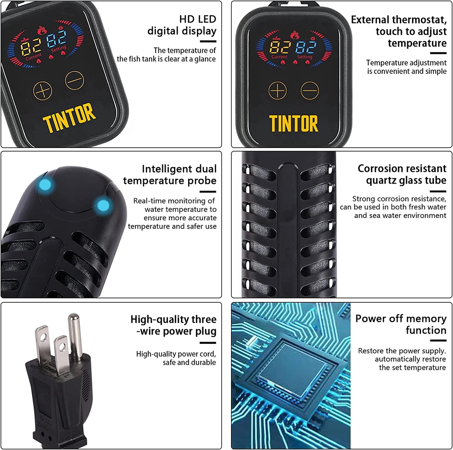 Submersible Aquarium Heater, 800W/1200W Fish Tank Heater, Double Tube Heating, Rapid Heating and Energy Saving, LED Digital Temperature Controller, Suitable for Sea Water and Fresh Water(1200W)