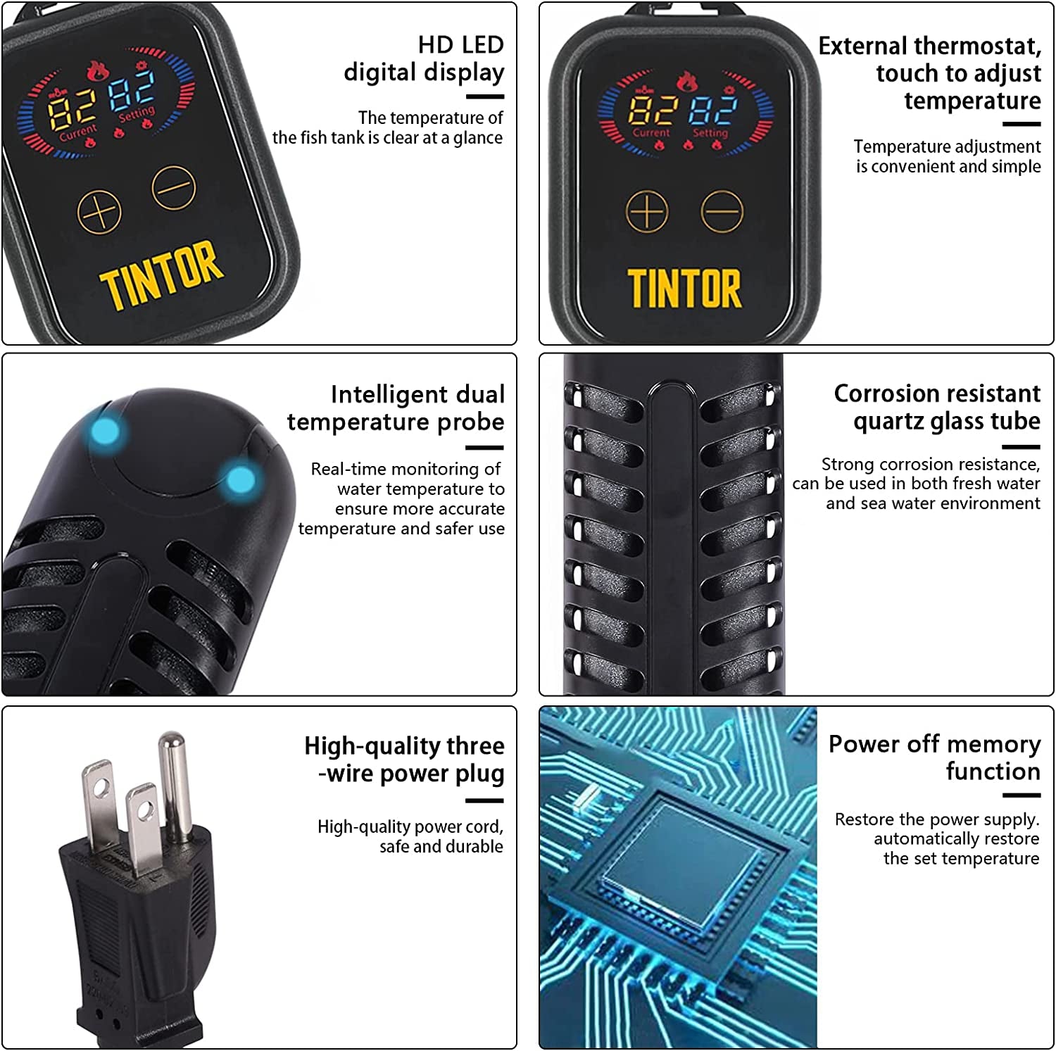 Submersible Aquarium Heater, 800W/1200W Fish Tank Heater, Double Tube Heating, Rapid Heating and Energy Saving, LED Digital Temperature Controller, Suitable for Sea Water and Fresh Water(1200W)