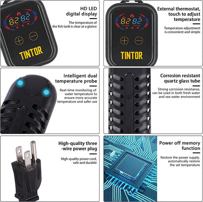 Submersible Aquarium Heater, 800W/1200W Fish Tank Heater, Double Tube Heating, Rapid Heating and Energy Saving, LED Digital Temperature Controller, Suitable for Sea Water and Fresh Water(1200W)